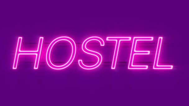 Hostel neon znak pojawiają się na fioletowym tle. — Wideo stockowe