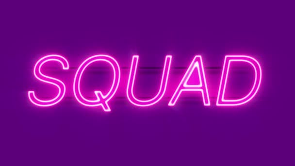 Squad neon sign appear on violet background. — Stock Video