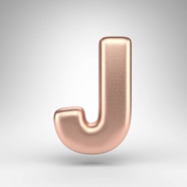 Beyaz arka planda büyük harfli J harfi. Parlak metalik desenli bakır 3D harf.