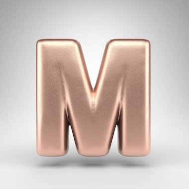 Beyaz arka planda M harfi büyük harf. Parlak metalik desenli bakır 3D harf.