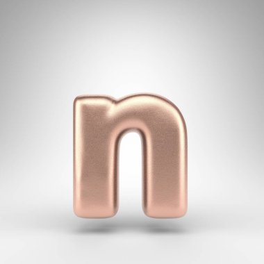 Beyaz arka planda N harfi küçük harf. Parlak metalik desenli bakır 3D harf.