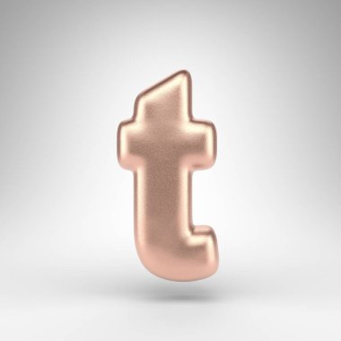 Beyaz arka planda küçük harfli T harfi. Parlak metalik desenli bakır 3D harf.