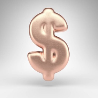Beyaz arka planda dolar sembolü. Parlak metalik desenli üç boyutlu mat bakır tabela.