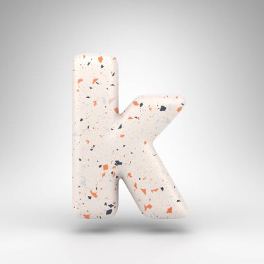 Beyaz arka planda K harfi küçük harf. Terrazzo desenli üç boyutlu harf..