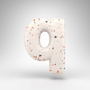 Beyaz arka planda Q harfi küçük harf. Terrazzo desenli üç boyutlu harf..