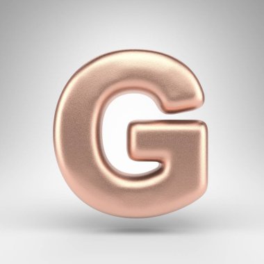 Beyaz arka planda G harfi büyük harf. Parlak metalik desenli bakır 3D harf.