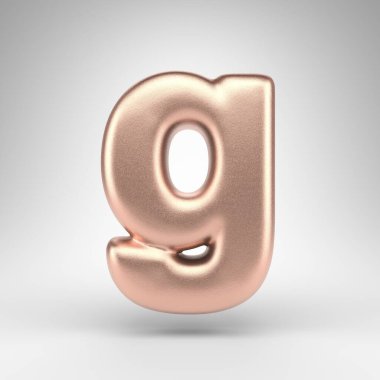 Beyaz arka planda G harfi küçük harf. Parlak metalik desenli bakır 3D harf.