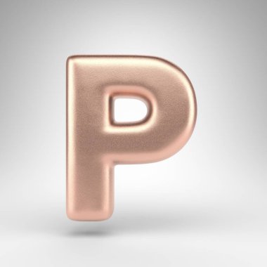 Beyaz arka planda P harfi büyük harf. Parlak metalik desenli bakır 3D harf.