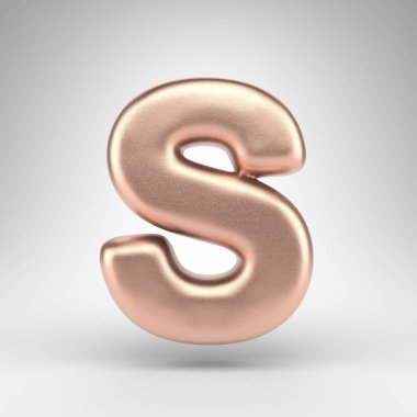 Beyaz arka planda S büyük harfi. Parlak metalik desenli bakır 3D harf.