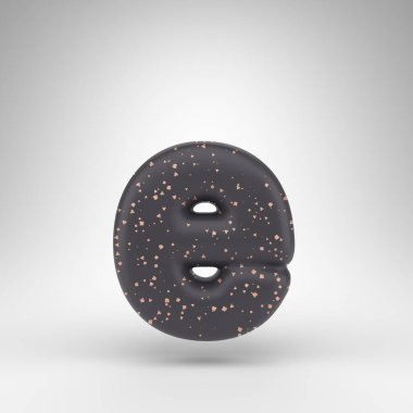 Beyaz arka planda E harfi küçük harf. Bakır noktalı siyah matte 3D harf.