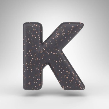 Beyaz arka planda K harfi büyük harf. Bakır noktalı siyah matte 3D harf.