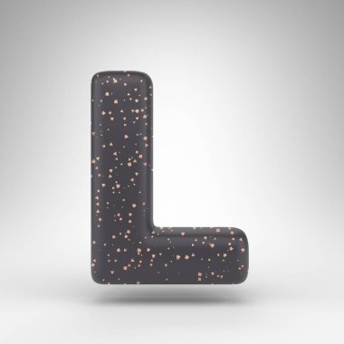 Beyaz arka planda büyük harf L. Bakır noktalı siyah matte 3D harf.