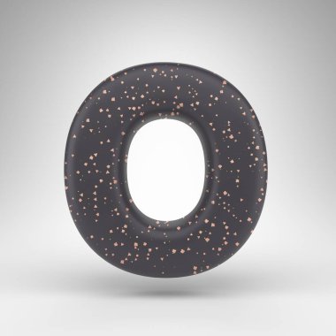 Beyaz arka planda 0 büyük harf. Bakır noktalı siyah matte 3D harf.