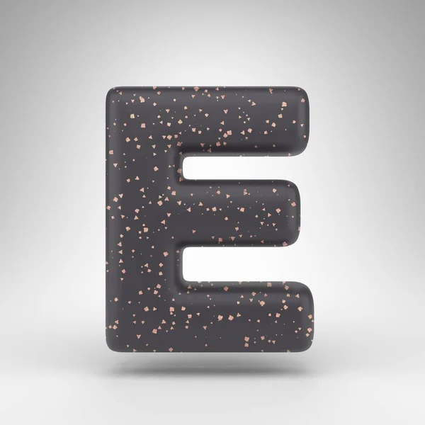Letra E mayúscula sobre fondo blanco. Letra negra mate 3D con textura de puntos de cobre. — Foto de Stock