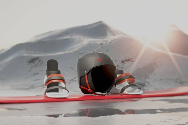 Snowboard met bindingen en helm op sneeuw. Zonnegod straalt over de berg. — Stockfoto