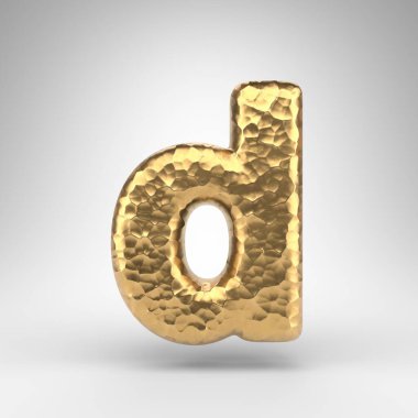 Beyaz arka planda D harfi küçük harf. Parlak metalik desenli 3 boyutlu çekiç pirinç yazı tipi..