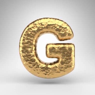 Beyaz arka planda G harfi büyük harf. Parlak metalik desenli 3 boyutlu çekiç pirinç yazı tipi..