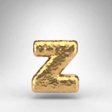 Beyaz arka planda Z harfi küçük harf. Parlak metalik desenli 3 boyutlu çekiç pirinç yazı tipi..