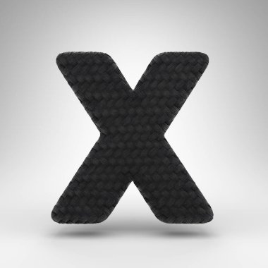 Beyaz arka planda büyük harf X. Karbon iplik desenli siyah karbon fiber 3D yazı tipi.