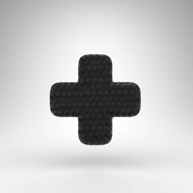 Artı beyaz arka planda bir sembol. Karbon iplik desenli siyah karbon fiber 3D işareti.