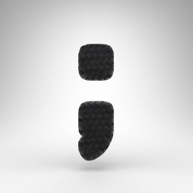 Beyaz arkaplanda noktalı virgül sembolü. Siyah karbon fiber 3D karbon iplik desenli işaret.