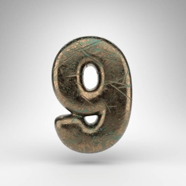 Beyaz arka planda 9 numara. Bronz 3D, oksitlenmiş çizik desenli..