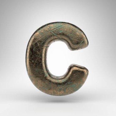 Beyaz arka planda büyük C harfi. Oksitlenmiş çizik desenli bronz 3D yazı tipi.