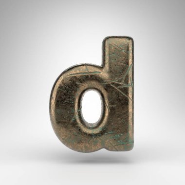 Beyaz arka planda D harfi küçük harf. Oksitlenmiş çizik desenli bronz 3D yazı tipi.