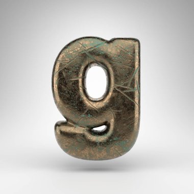 Beyaz arka planda G harfi küçük harf. Oksitlenmiş çizik desenli bronz 3D yazı tipi.