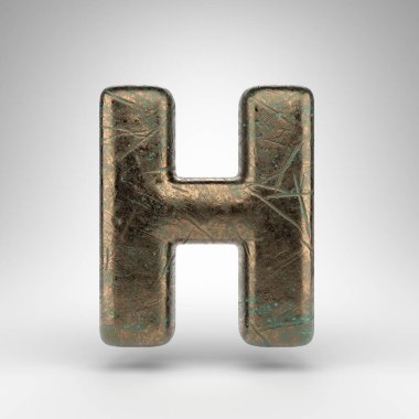 Beyaz arka planda H büyük harfi. Oksitlenmiş çizik desenli bronz 3D yazı tipi.