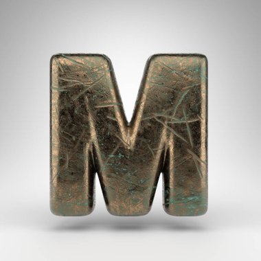 Beyaz arka planda M harfi büyük harf. Oksitlenmiş çizik desenli bronz 3D yazı tipi.