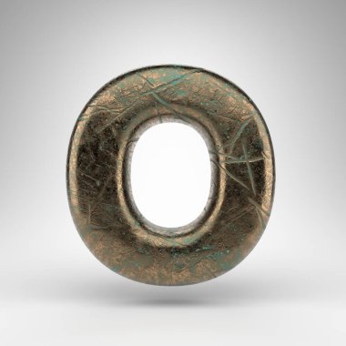 Beyaz arka planda 0 büyük harf. Oksitlenmiş çizik desenli bronz 3D yazı tipi.