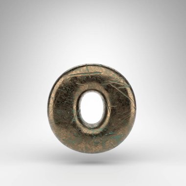 Beyaz arka planda O harfi küçük harf. Oksitlenmiş çizik desenli bronz 3D yazı tipi.
