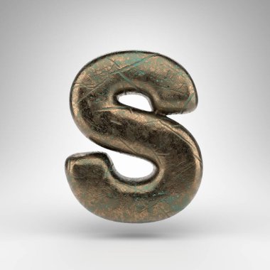 Beyaz arka planda S büyük harfi. Oksitlenmiş çizik desenli bronz 3D yazı tipi.