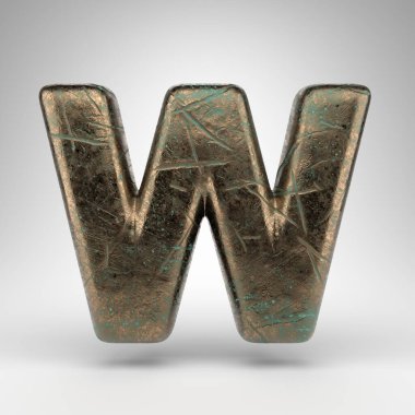 Beyaz arka planda W harfi büyük harf. Oksitlenmiş çizik desenli bronz 3D yazı tipi.