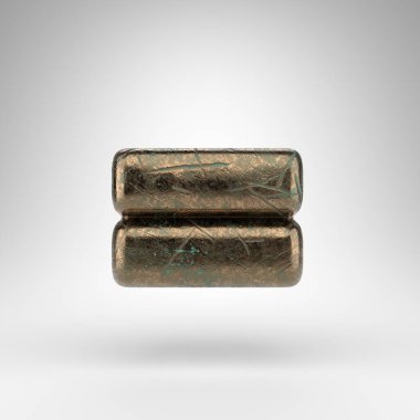 Beyaz arka planda eşit sembol. Bronz 3D, oksitlenmiş çizik desenli..