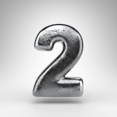 Beyaz arka planda 2 numara. Demir 3D, parlatıcı metal desenli..
