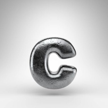 C harfi beyaz arka planda küçük harf. Parlak metal desenli Demir 3D yazı tipi.