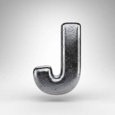 Beyaz arka planda büyük harfli J harfi. Parlak metal desenli Demir 3D yazı tipi.