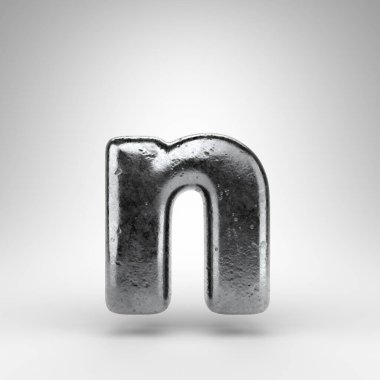 Beyaz arka planda N harfi küçük harf. Parlak metal desenli Demir 3D yazı tipi.