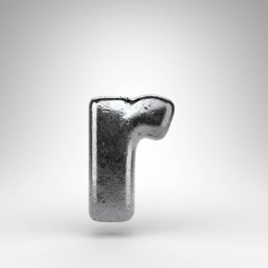 Beyaz arka planda R harfi küçük harf. Parlak metal desenli Demir 3D yazı tipi.