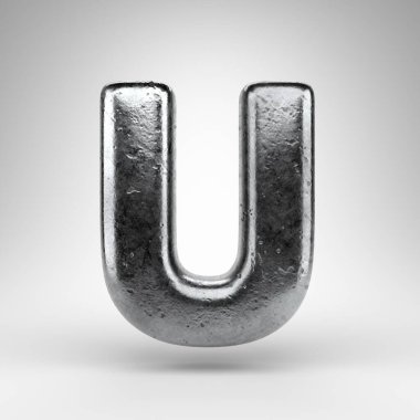 Beyaz arka planda büyük harf U. Parlak metal desenli Demir 3D yazı tipi.
