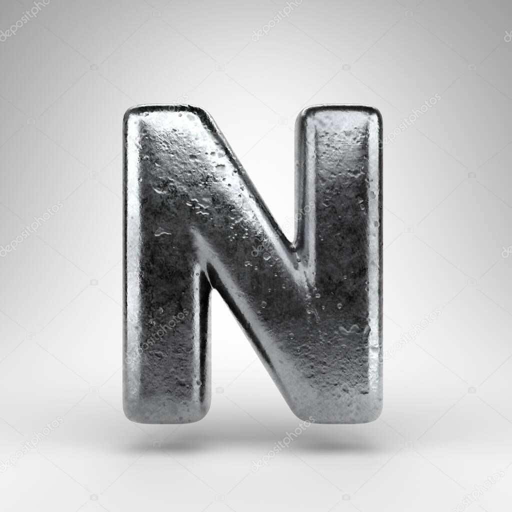 Letter N uppercase on white background. Iron 3D rendered font with gloss metal texture.