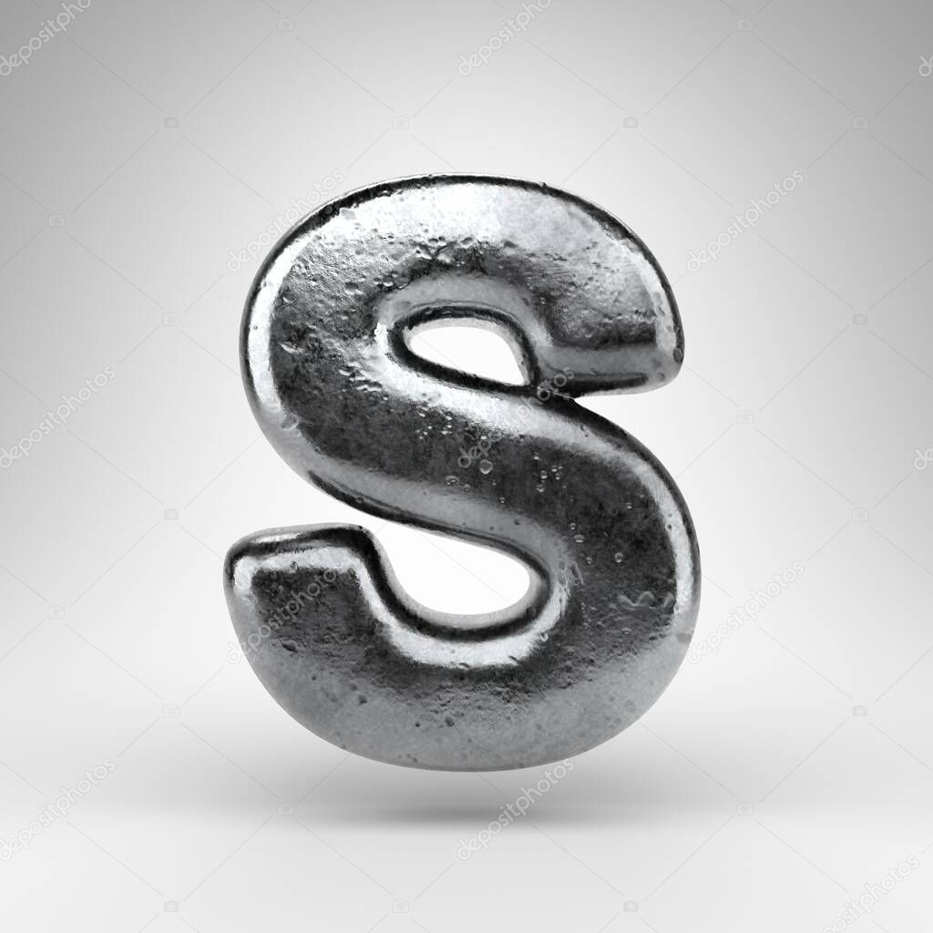 Letter S uppercase on white background. Iron 3D rendered font with gloss metal texture.