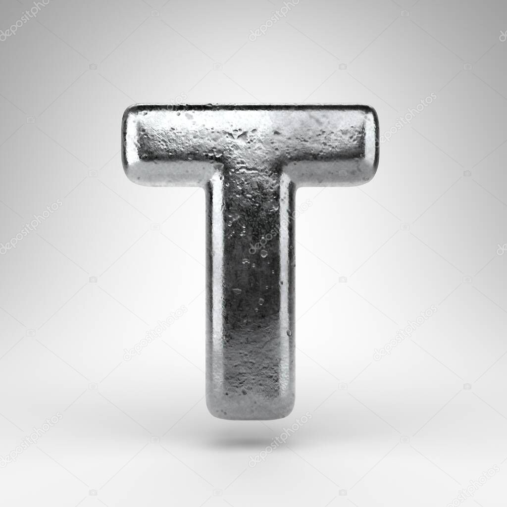 Letter T uppercase on white background. Iron 3D rendered font with gloss metal texture.