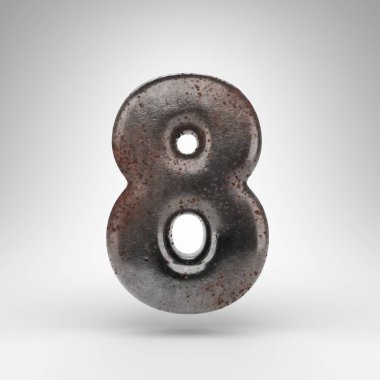 Beyaz arka planda 8 numara. Paslı metal 3D, oksitlenmiş desenli..