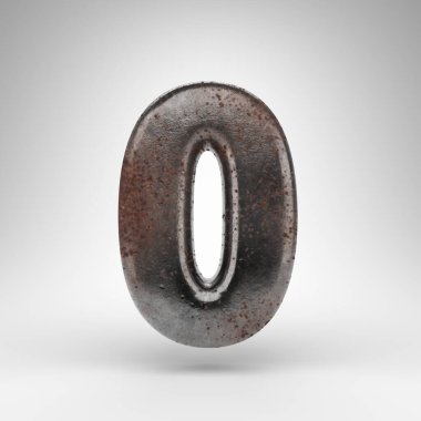 Beyaz arka planda 0 numara. Paslı metal 3D, oksitlenmiş desenli..