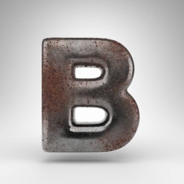 Beyaz arka planda büyük harf B. Oksitlenmiş desenli paslı metal 3D yazı tipi.