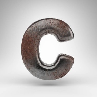 Beyaz arka planda büyük C harfi. Oksitlenmiş desenli paslı metal 3D yazı tipi.