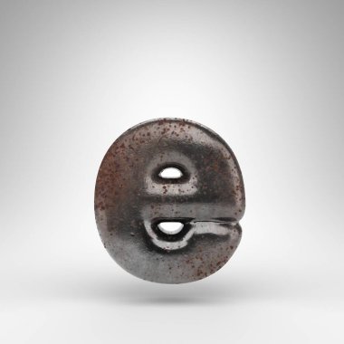 Beyaz arka planda E harfi küçük harf. Oksitlenmiş desenli paslı metal 3D yazı tipi.